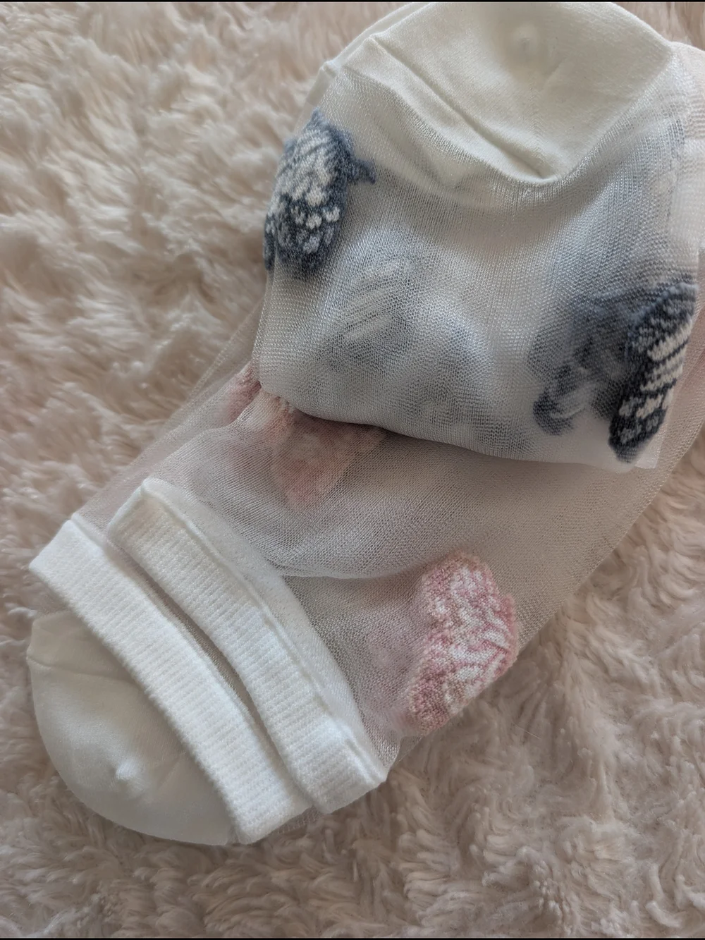I am Sheer Mesh Butterfly Socks - White, Blue, And Pink - One Size